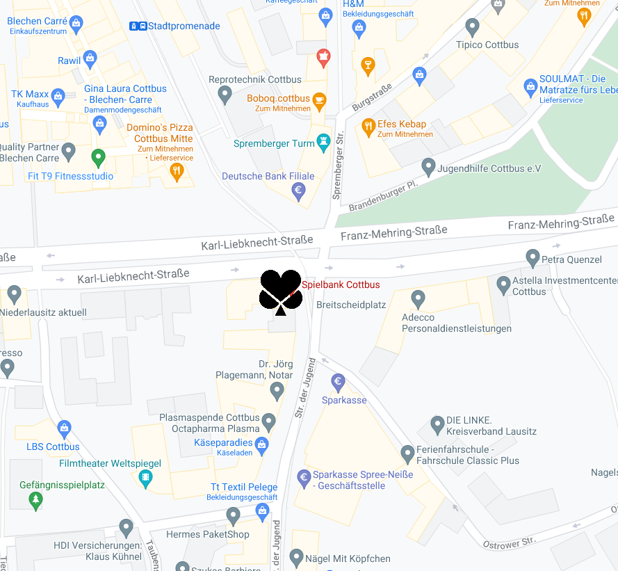 Zu sehen ist der Kartenausschnitt der Cottbuser Innenstadt, auf dem der Standort der Spielbank mittels Logo markiert wurde