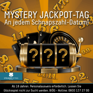 Zu sehen ist eine Grafik zur Bewerbung des Mystery-Jackpot-Tages in der Spielbank Cottbus. in der Mitte des Bildes ist eine schwarz-goldene Collage aus Karten, Roulette-Kessel und drei Walzen.
