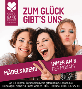 Zu sehen ist ein Foto mit den Portraits von drei jungen Frauen im glitzernden Party-Outfit zur Bewerbung des Mädelsabend in der Spielbank Potsdam