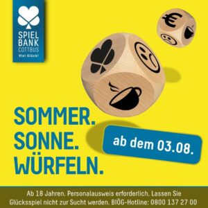 Zu sehen ist eine Grafik. Abgebildet sind zwei fallende Würfel auf gelbem Hintergrund. der würfel hat keine Augen, stattdessen symbole, wie eine Kaffeetasse, ein Eurozeichen, ein trauriger Smiley und das Logo der Brandenburgischen Spielbanken.