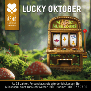 Zu sehen ist eine Grafik. Abgebildet ist ein Spielautomat im Wald. Die Symbole auf den Walzen sind Pilze und der Automat trägt die Überschrift Magic Mushrooms.