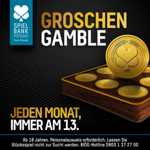 auf schwarzem metallischem Meshhintergrund schwebt ein hölzernes Quadrat, auf dem goldene Münzen liegen. In der Mitte des Feldes steht eine Münze aufrecht. Beworben wird die neue Monatsaktion der Spielbank Potsdam - Groschen Gamble